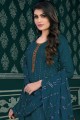 Teal blue Embroidered Salwar Kameez in Cotton