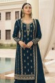 Teal blue Embroidered Eid Sharara Suit in Faux georgette