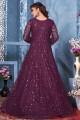 Net Eid Anarkali Suit with Embroidered in Wine