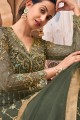 Net Embroidered Olive  Eid Anarkali Suit with Dupatta