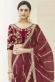 Embroidered Velvet Saree in Maroon