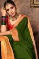 Silk Party Wear Saree with Resham,zari,mirror,embroidered in Olive