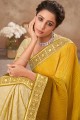 Chinon chiffon Thread,mirror,embroidered Yellow Saree with Blouse