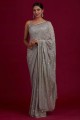 Embroidered,lace border Georgette Saree in Grey with Blouse