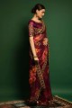 Embroidered,lace border Georgette Wine  Saree with Blouse