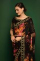 Georgette Embroidered,printed Black Saree with Blouse