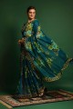 Saree in Firozi Georgette with Embroidered,printed