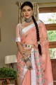 Linen Banarasi Saree with Resham,embroidered,lace border in Peach