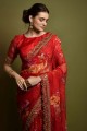 Red Saree with Embroidered,printed Georgette