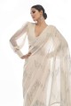 Thread,embroidered Georgette Party Wear Saree in White with Blouse