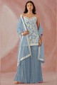 Embroidered Faux georgette Diwali Sharara Suit in Blue with Dupatta