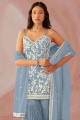 Embroidered Faux georgette Diwali Sharara Suit in Blue with Dupatta
