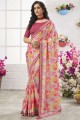 Chinon chiffon Mirror,embroidered,printed Pink Saree with Blouse