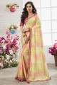 Mirror,embroidered,printed Chinon chiffon Yellow Saree with Blouse