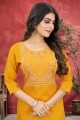 Embroidered Straight Kurti in Yellow Cotton