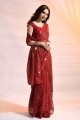 Red Georgette Party Wear Saree with Embroidered