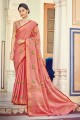 Peach Saree in Linen with Embroidered