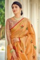 Embroidered Linen Saree in Mustard  with Blouse