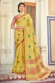 Linen Embroidered Yellow Saree with Blouse