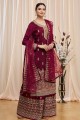 Wine Islamic Palazzo Suit with Embroidered Jacquard