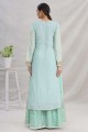 Blue Islamic Palazzo Suit in Jacquard with Embroidered