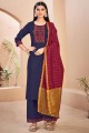 Printed Rayon Palazzo Suit in Navy blue with Dupatta
