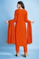 Printed Rayon Palazzo Suit in Orange with Dupatta