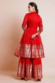 Weaving Art silk Palazzo Suit in Red