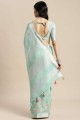 Resham,embroidered,lace border Linen Saree in Sea green with Blouse