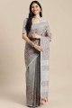 Linen Grey Saree in Resham,embroidered,lace border