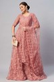 Embroidered Net Pink Diwali Gown Dress with Dupatta