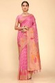Saree in Pink Cotton,silk and organza with Zari,weaving