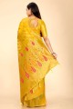 Saree in Yellow Cotton,silk and organza with Zari,weaving