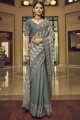 Grey Georgette Saree with Thread,embroidered,printed