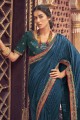 Resham,zari,mirror,embroidered Silk Saree in Royal blue with Blouse