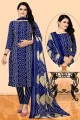 Cotton Printed Blue Salwar Kameez with Dupatta