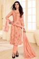 Printed Cotton and satin Salwar Kameez in Peach with Dupatta