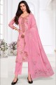 Printed Cotton and satin Salwar Kameez in Pink