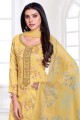 Printed Cotton and satin Salwar Kameez in Yellow