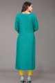 Rayon Straight Kurti with Embroidered in Teal
