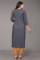 Grey Straight Kurti in Embroidered Rayon