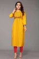 Yellow Straight Kurti in Rayon with Embroidered