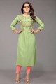Embroidered Rayon Straight Kurti in Pista