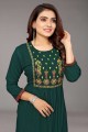 Embroidered Straight Kurti in Green Rayon