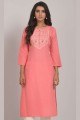 Embroidered Cotton Pink Straight Kurti with Dupatta