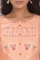 Embroidered Straight Kurti in Peach Cotton