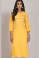 Cotton Straight Kurti with Embroidered in Yellow
