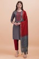 Cotton Salwar Kameez in Grey with Embroidered