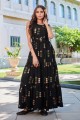 Rayon Gown Dress in Black with Printed