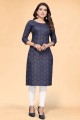 Printed Cotton Straight Kurti in Navy blue with Dupatta